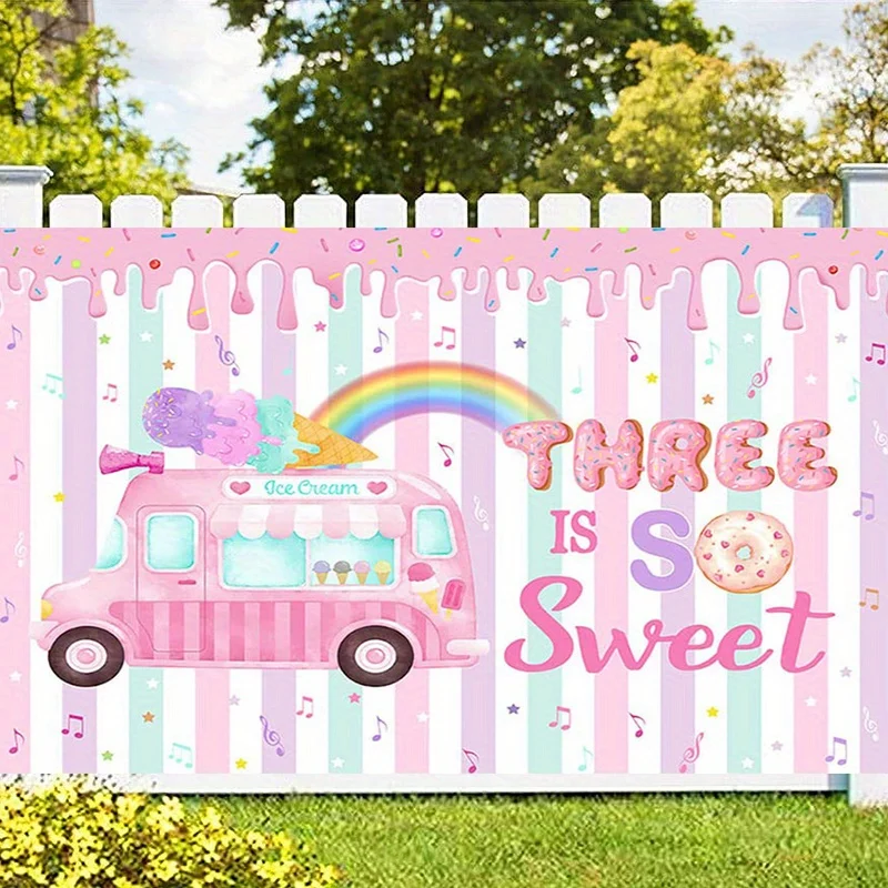 Fondo plano 2D para fiesta de tercer cumpleaños para niñas, 1 unidad, con camión de helados, arcoíris, donuts y globos, rosa pastel y verde pastel