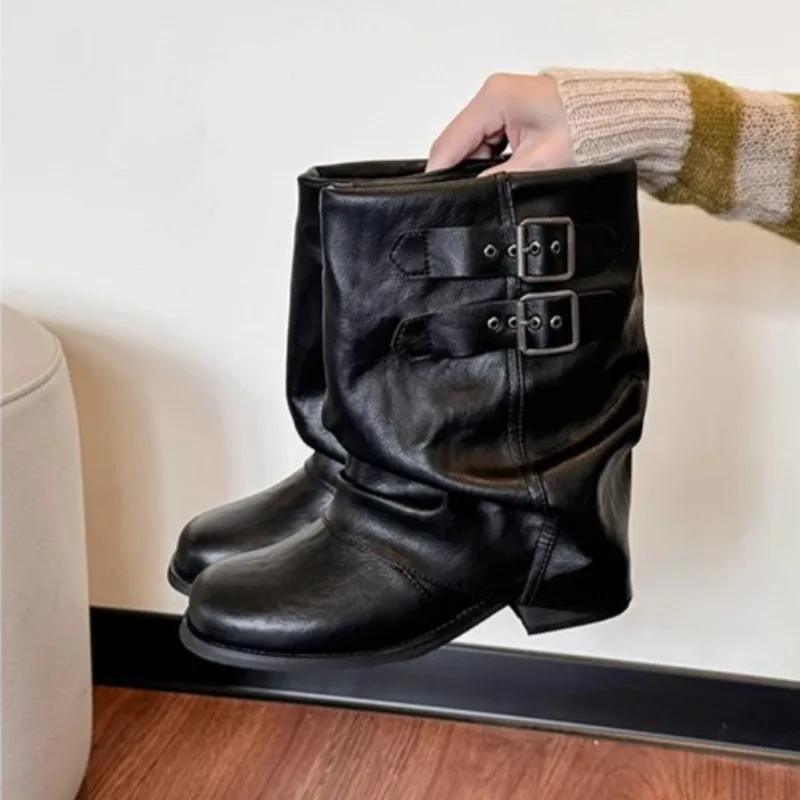 

2025 Genuine Leather Women Boots Black Mid Calf Boot Cozy Soft Double Buckles Trendy Design Retro Western Cowboy Shoes Lady