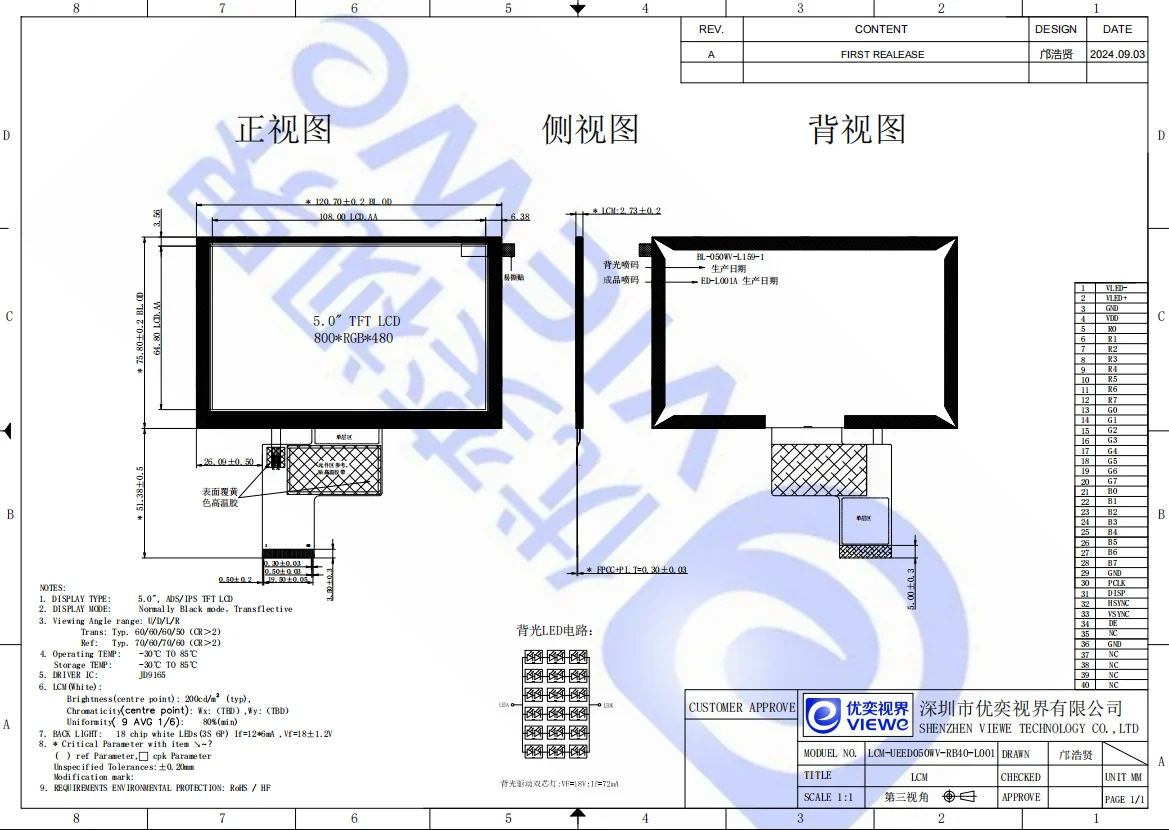 5 Inch 800×480 Transflective TFT Sunlight Readable and Super Low Power TFT LCD Module with RGB Interface