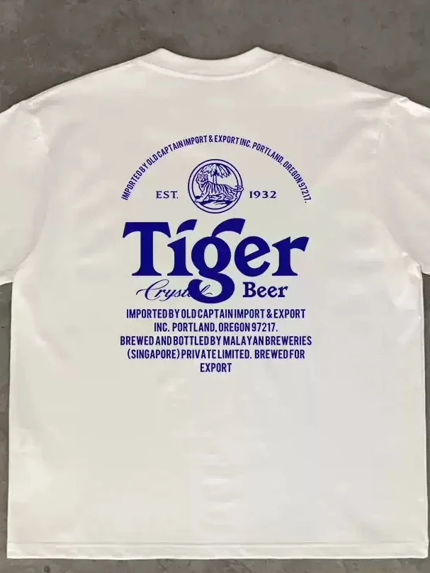 Pure Cotton Tiger Beer Printed T-Shirt Short Sleeve Casual Fun Text for Men And Women Breathable Comfortable round Neck Tee