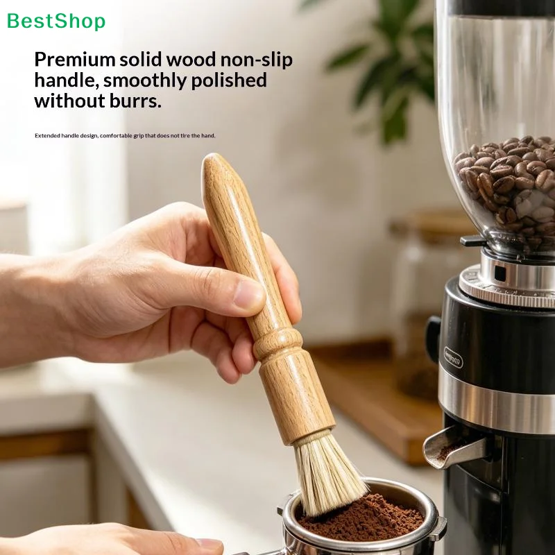 〔Q〕Coffee Cleaning Brush With Natural Wood Handle Soft Bristles For Coffee Bar Espresso Machine Cleaning