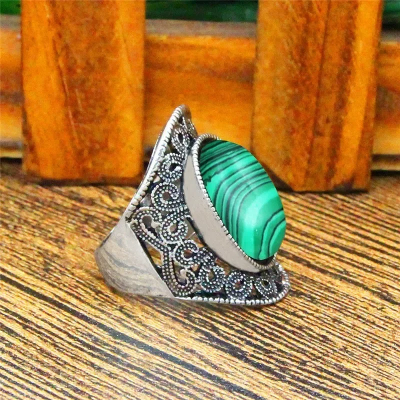 Oval Malachite Rings For Women Flower Desing Vintage Look Antique Silver Plated Fashion Jewelry TR666