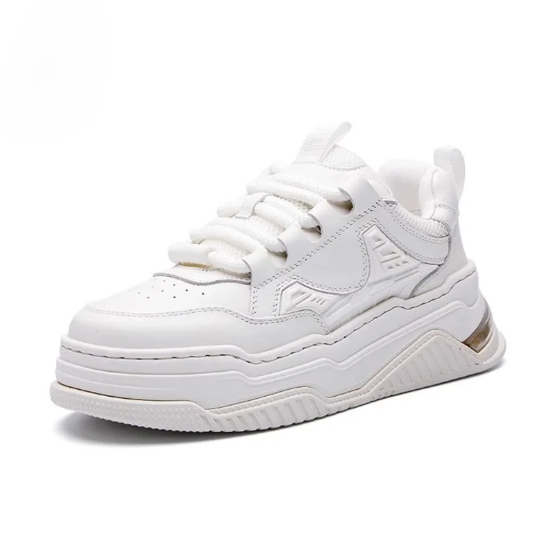 European Trendy Thick Sole Casual Shoes Men's Sneakers Breathable Genuine Leather Designer Height Increasing Board Shoes Male