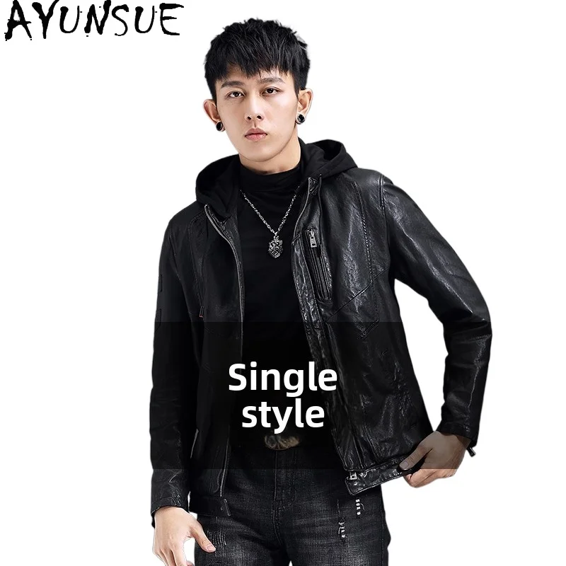 

AYUNSUE 100% Real Sheepskin Men Leather Jacket Spring Autumn Short Genuine Leather Down Jackets Man Hooded Men's Leather Coat