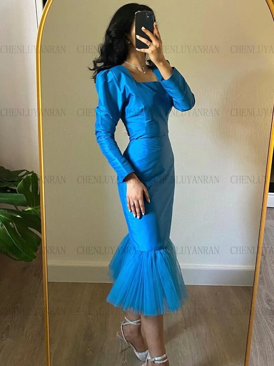 

Blue Formal Occasion Dresses 2023 Square Collar Mermaid Party Dress Tea-Length Long Sleeves Sexy Evening Gowns فساتين حفلات