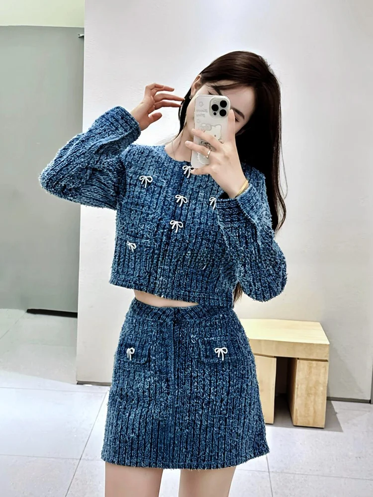 Zestaw: spódnica z wysokim stanem, ozdobiona diamentami, w stylu retro, modny, nowy model na jesień, damski garnitur.