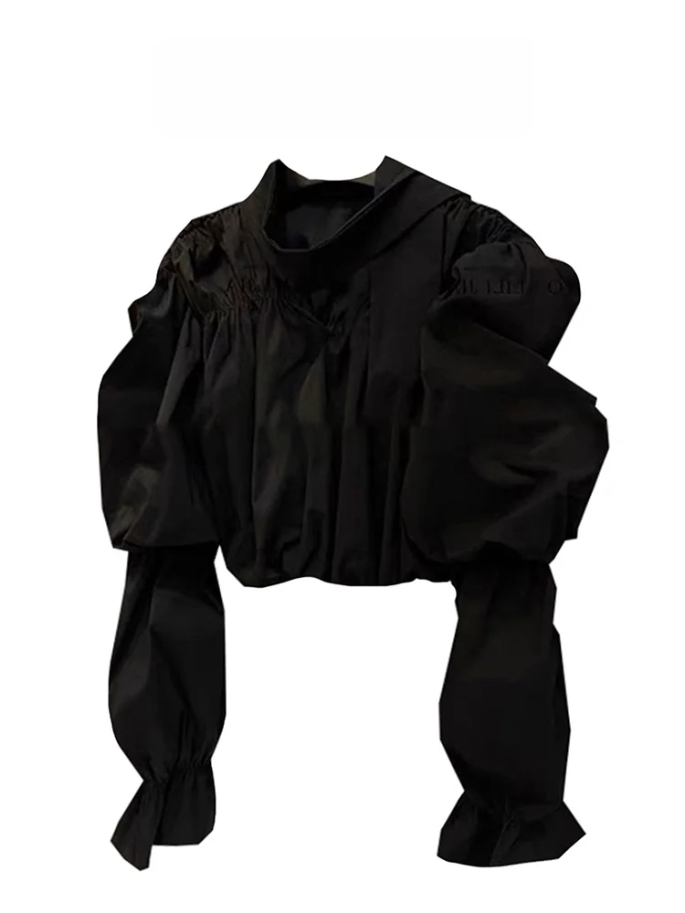 

Black Bubble Sleeve Short Shirt Women's Fashion Design Sensation Autumn Winter New Style Korean Version Pure Color Commute Wind