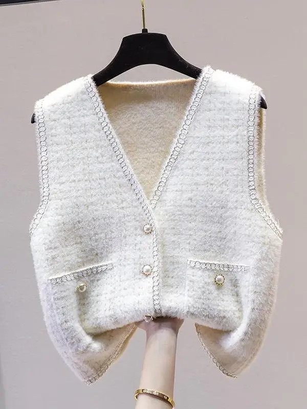 

Women's Knitted Mink Vest V-Ne Autumn Winter Faion Trendy Sweater oulder Pad Splice Regular Thin Single Button Clo...