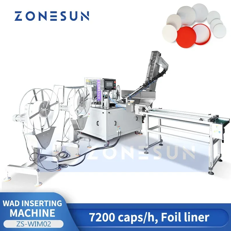 ZONESUN ZS-WIM02 Custom Induction Wad Inserting Machine with Cap Feeder Aluminum Foil Plastic Bottle Lid Packaging Production