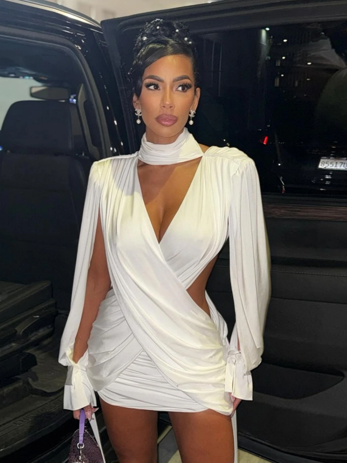 SsTss 2025 outono inverno manga longa bodycon mini vestido para mulheres cor sólida decote em v profundo corte cintura drapeado vestido de festa sexy