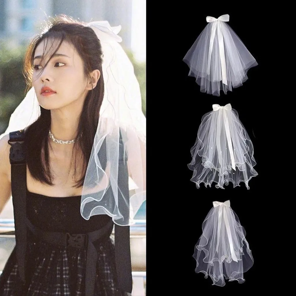 Korean Bridal Veil with Bow Hair Clip Headdress Bride Party Mesh Hairpin Simple Bridal Wedding Hair Accessories image 3
