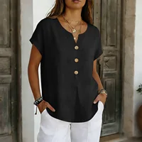 2026 Summer Basic Blouses Women's Shirts Solid Color Casual Short-Sleeve Cotton Linen Fashion Plus Size V-Neck Loose Button Tops 4