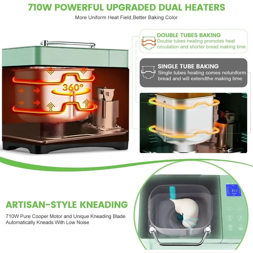 Bread Maker, 2.2LB, 17-in-1 Breadmaker , Pizza Auto Nut Dispenser,Ceramic Pan, 3 Loaf Sizes 3 Crust Colors,15H Timer,Recipes