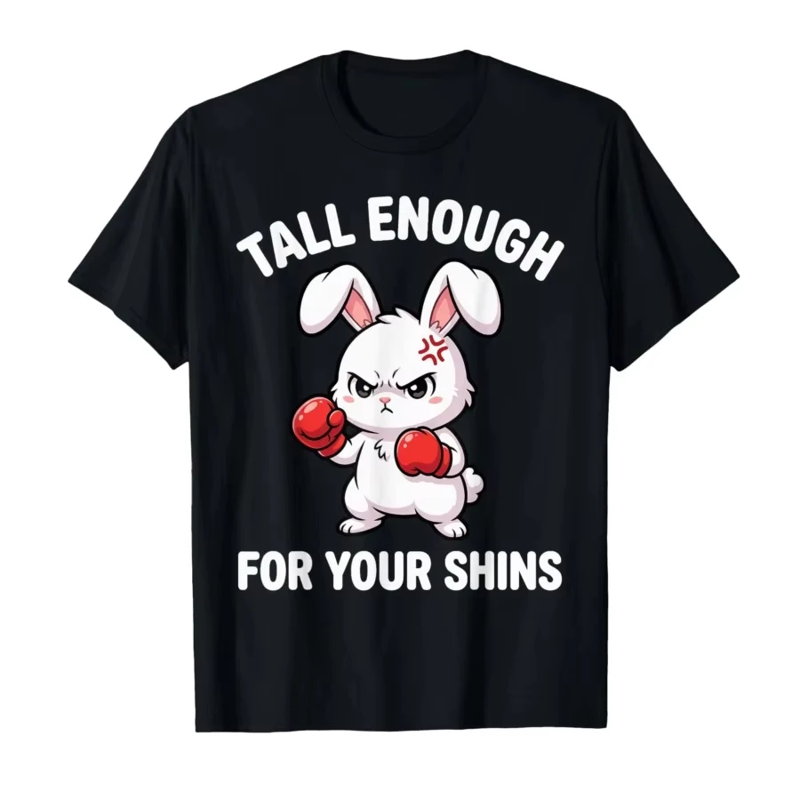 Rabbit Boxing Tall Enough for Your Shins Funny Bunny T-shirt Men Women 100% Cotton Short Sleeve Casual Graphic Tee