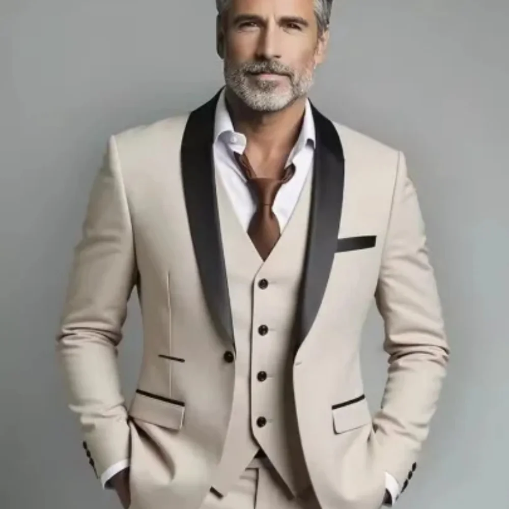 

Men Autumn Wedding Party Three Pieces Beige White Set Large Size Male Blazer Coat Pants and Vest Fashion Slim Fit Suit