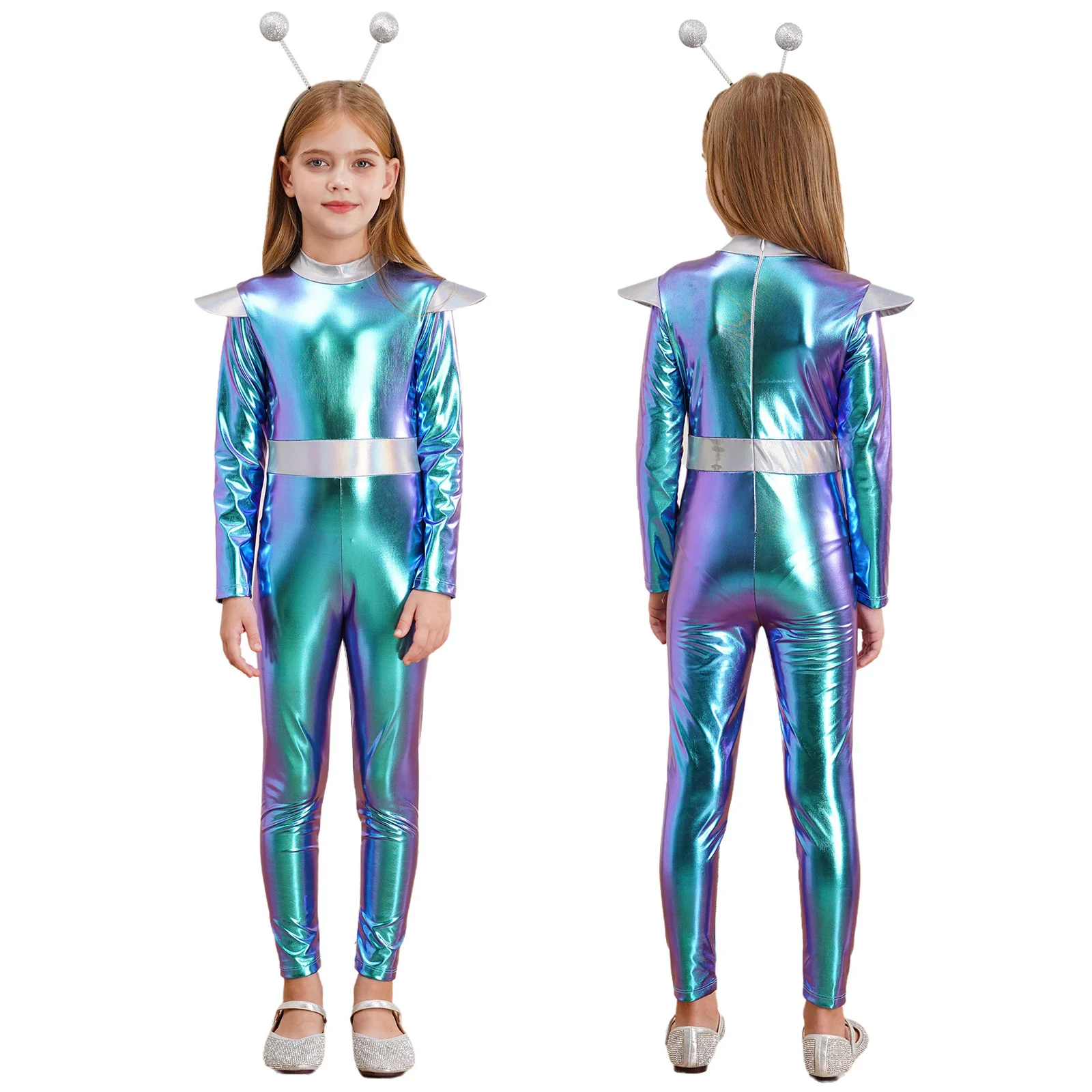 Children Halloween Alien Cosplay Jumpsuit Long Sleeve Metallic Bodysuit with Hair Hoop Carnival Theme Party Dress Up Costume