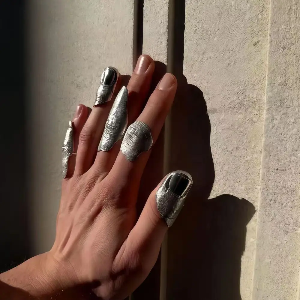 

2026 New Artistic Irregular Texture Knuckle Ring Set Silver Hip-hop Style Niche Full Finger Rings for men and women