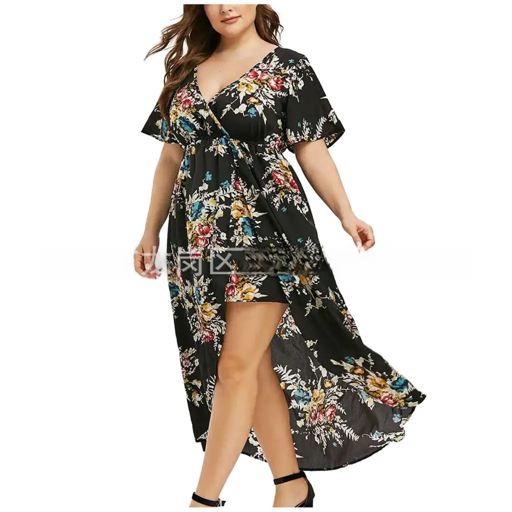 Spring Summer Large Size Women's Printed Hem Slit Irregular Dress European And United States Style Casual Elegant Design