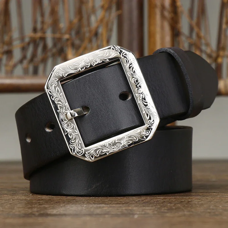 3.8CM Thick Cowhide Carved Stainless Steel Buckle Genuine Leather Jeans Belt Men High Quality Retro Luxury Male Strap Cintos