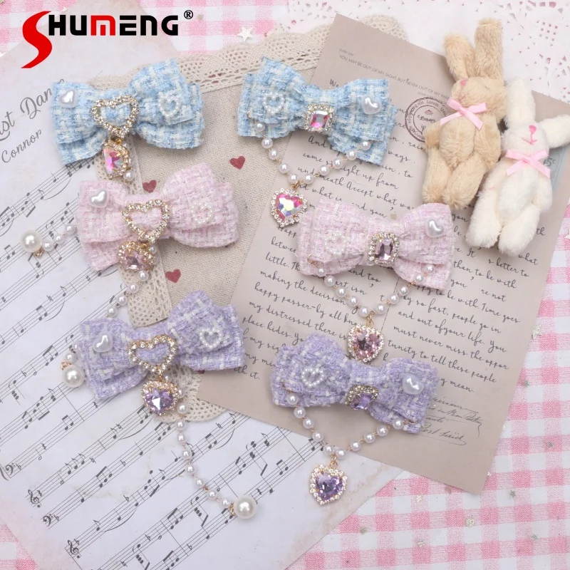 Cute Hair Accessories Lolita Sweet Ladies Hair Clips Cute Sparkle Silver Heart Shape Rhinestone Pearl Chain Side Clip Hairclips