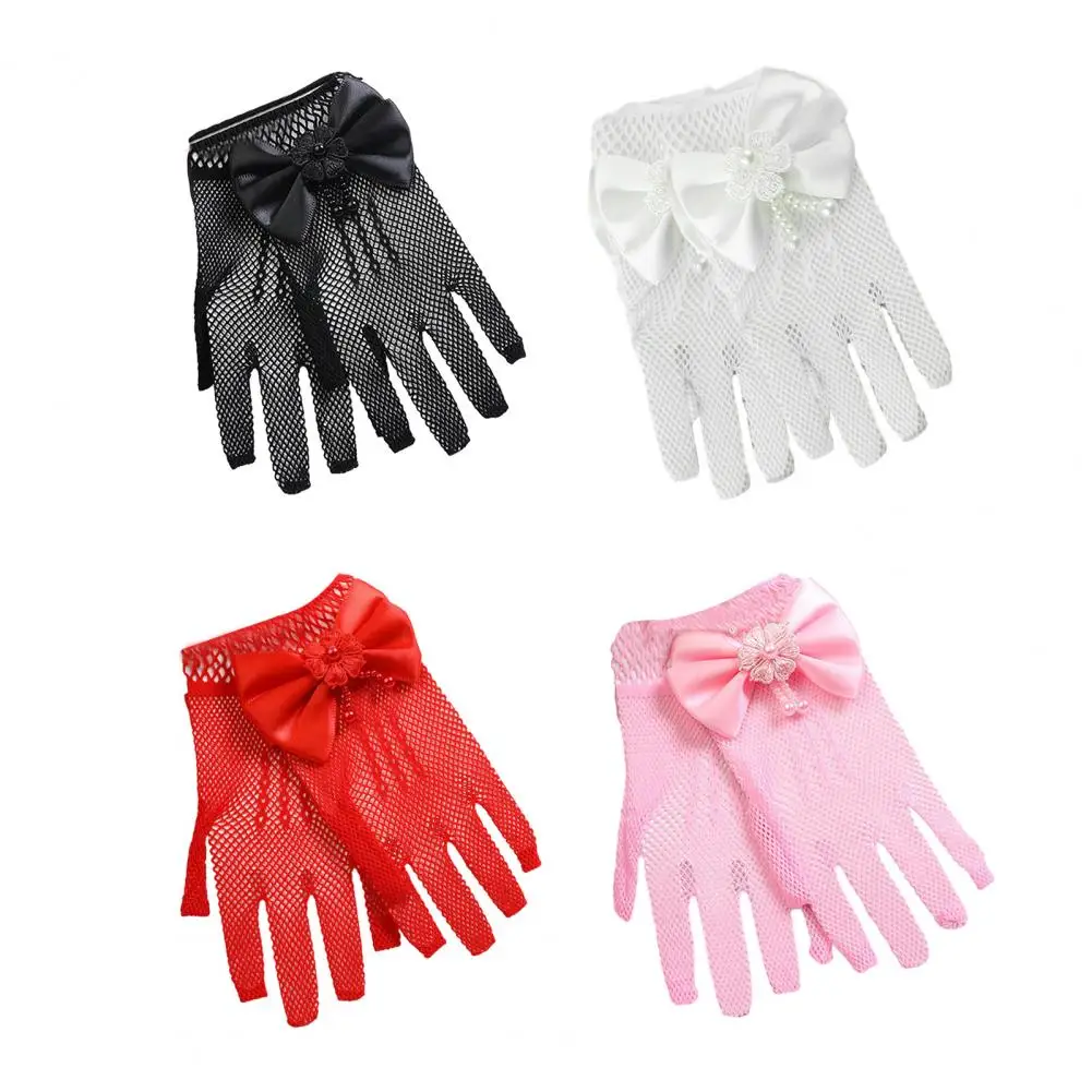 1 Pair Children Gloves Flower Girl Mittens Bow Decor Faux Pearl Lace Gloves Five Fingers Thin Wedding Gloves Clothes Accessories