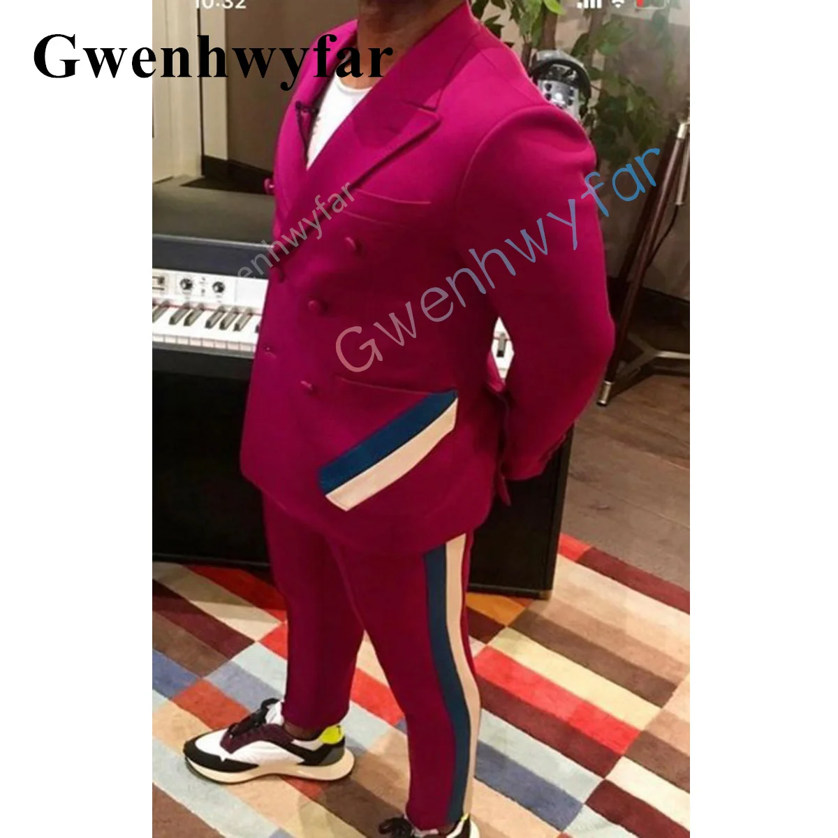 

Gwenhwyfar 2022 Fashion Rose Red Stitched Peak Lapels Groom Suit Prom Tuxedo Party Jacket Men Casual Wedding 2 Piece Set