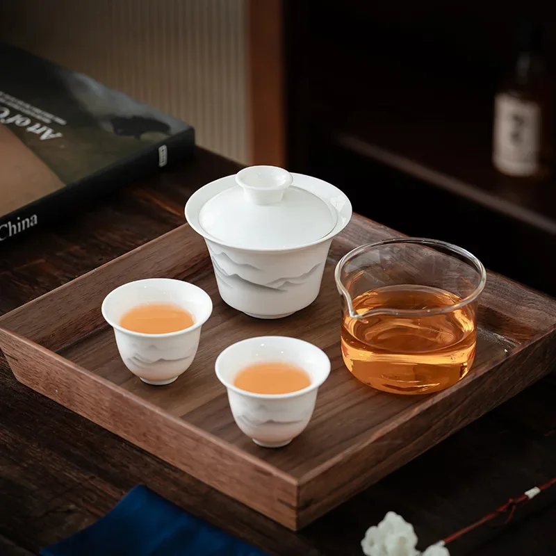 Portable Travel Tea Set Mutton Fat Jade Porcelain Jiangshan Outdoor Cashier Cup Business Activities Practical Gift Tea Cup Sets
