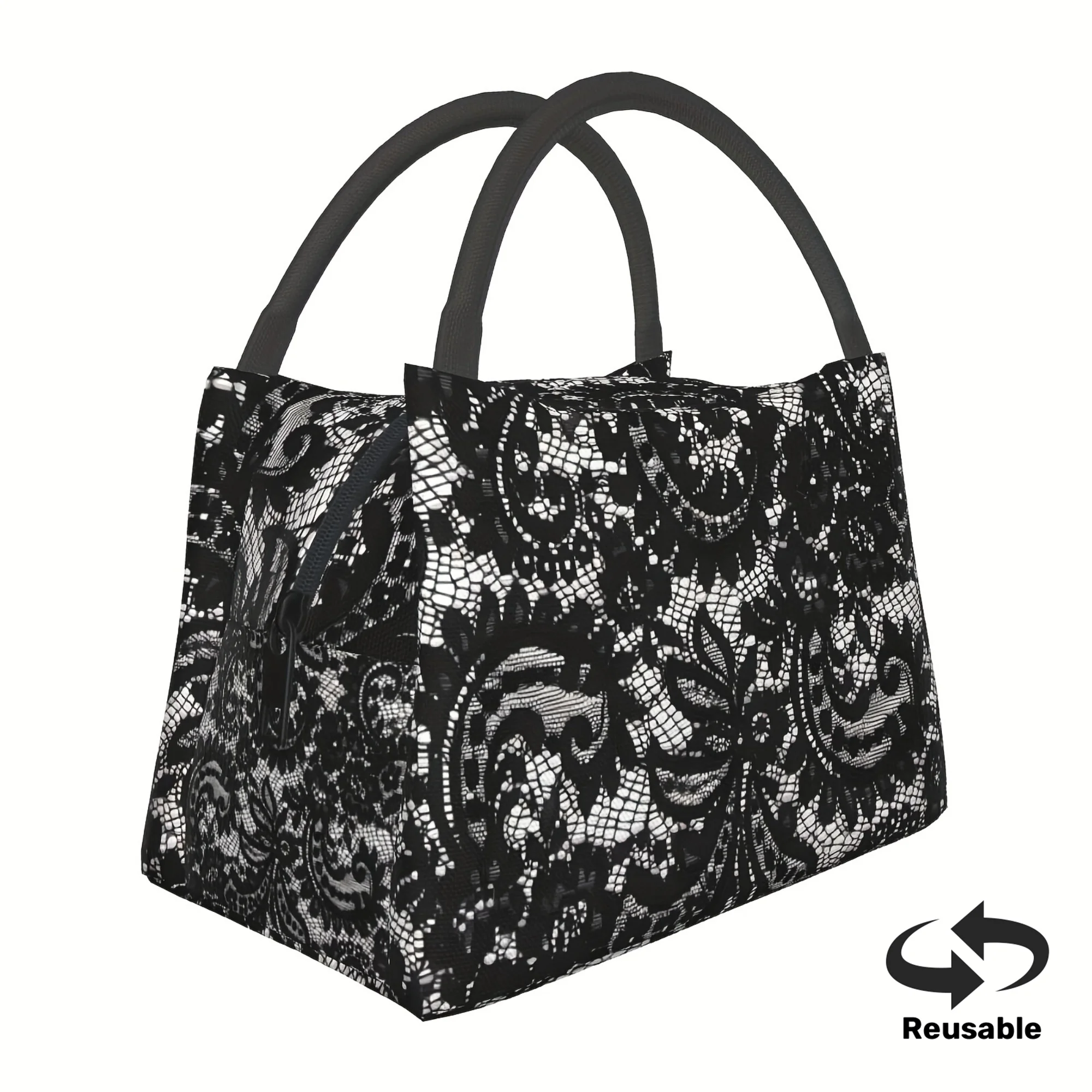 Versatile Black Abstract Pattern Insulated Lunch Bag Portable Reusable For Work Picnics Beach Hikes Unisex Design With Hand