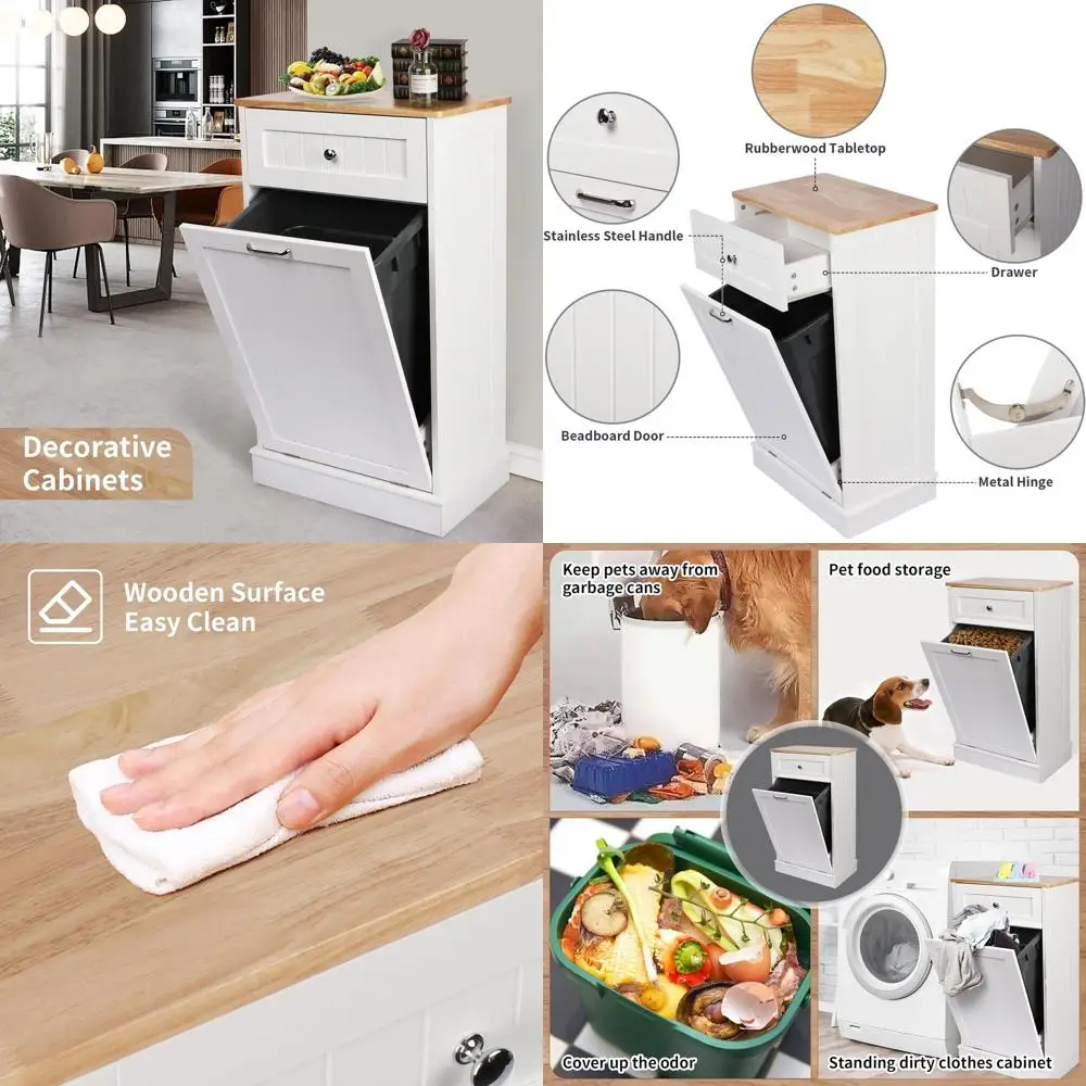 

Antique-Style Beadboard Kitchen Island with Solid Wood Top, Drawer, and Pet-Resistant Trash Cabinet in White