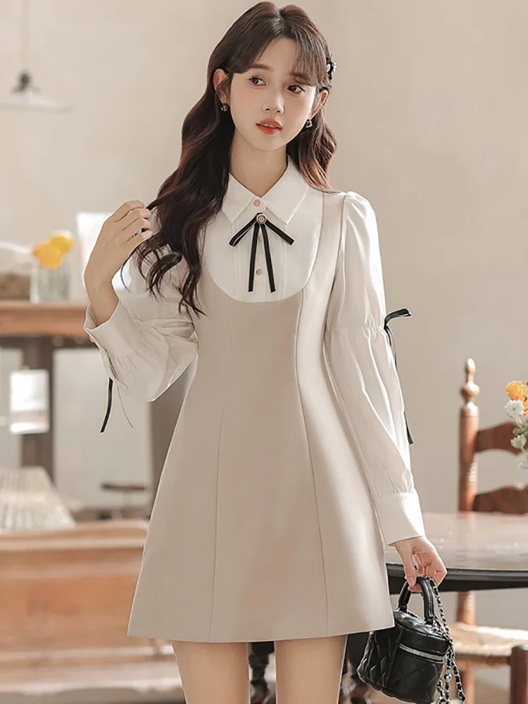 Women Fashion Patchwork Fake Two Piece Mini Dress Spring Autumn Chic Bow Polo Collar Shirt Dress 2024 Korean Elegant Y2k Dresses