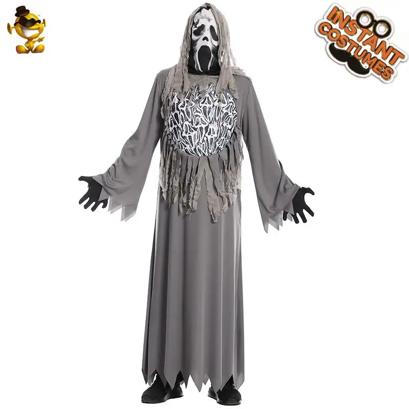 

Grey Terrorist Chain Ghost Costume for Men Halloween Party Stage Performance Clothes Cosplay Outfit Traditional Chinese Festival