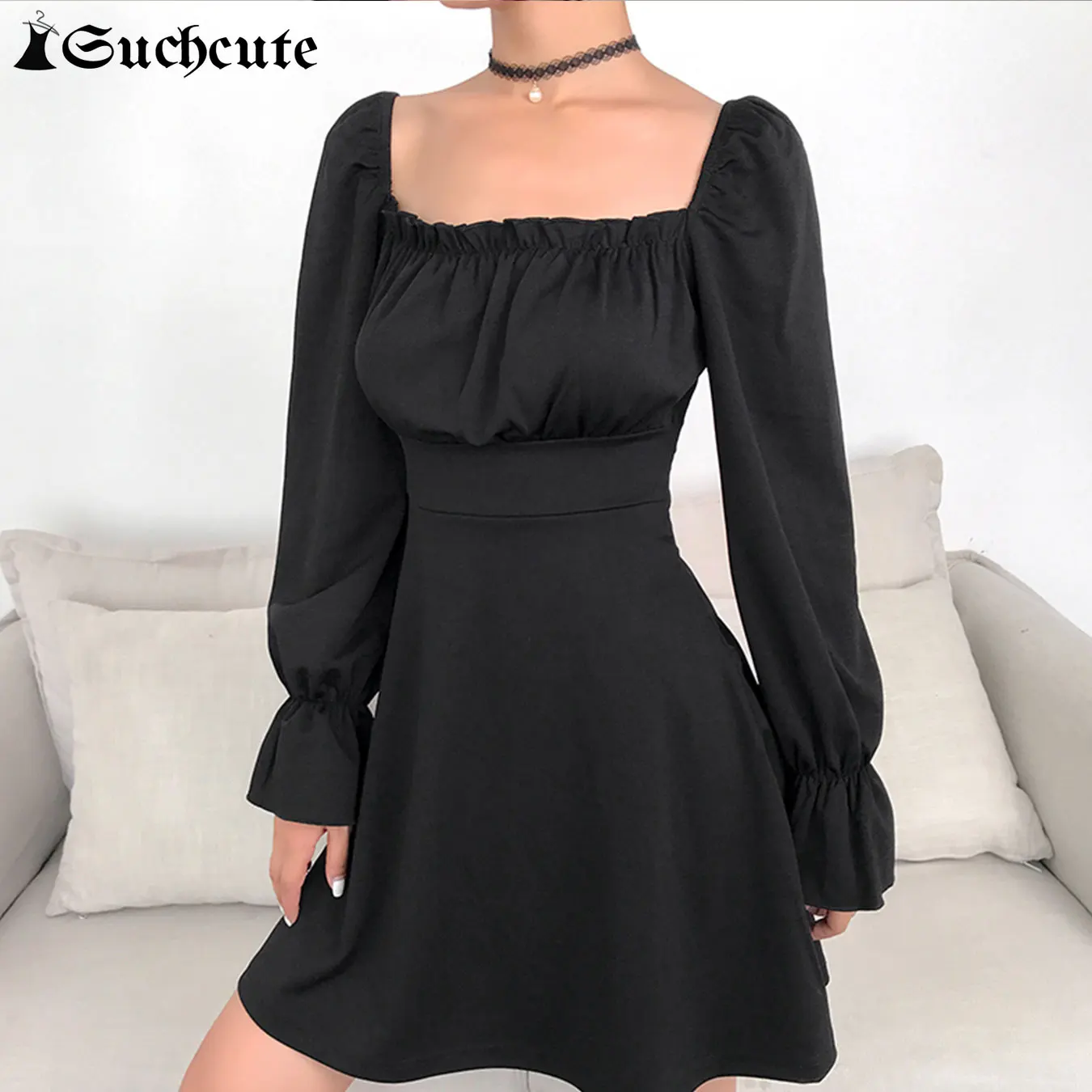 

SUCHCUTE Women's Solid Bandage Dress Casual Square Neck Waist Slim Puff Sleeve Short Dress Spring Autumn Clothes Plus Size 2024