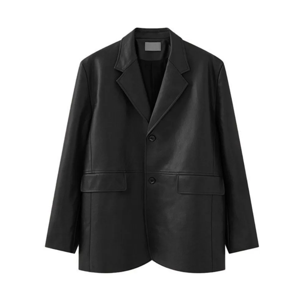 

Lapel Collar Leather Jacket Women Outerwear Retro Suit Leather Jacket Korean Chic Loose Windbreaker Jackets Autumn/Winter
