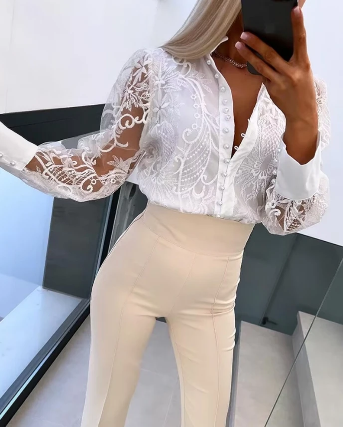 2024 Spring New Women\'s Embroidered Elegant Shirt with Casual Pearl Decorative Buckle Half Sheer Lace Top Temperament