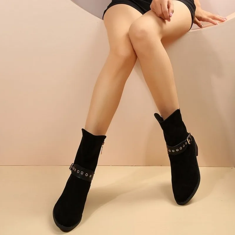 Women's Ankle Boots Pointed Toe Low Block Heel Suede-Look Texture Side Zipper Buckle Strap Detail Western Style Casual Footwear