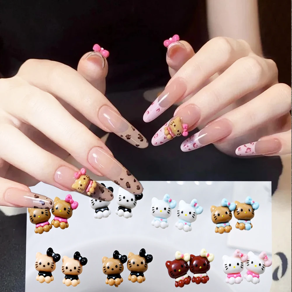 10pcs Hello Kitty Cartoon Nail Charms Resin Flatback Hawaii Black Brown Nail Art Decoration DIY Phone Cases, Hair Clips,manicure