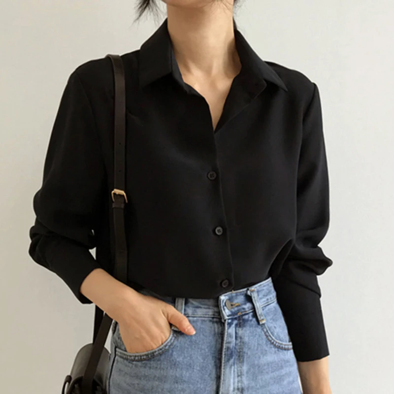 Women Chiffon Shirt Korean Black Turn Down Collar Female Long Sleeve Blouse Spring Fashion All Match Button Office Ladies Tops