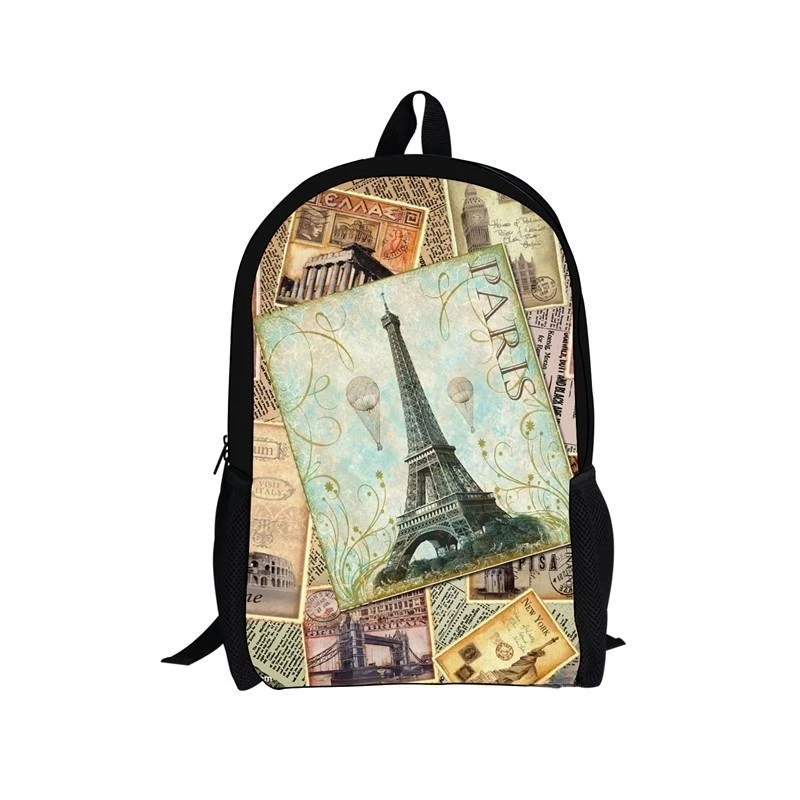 Parijs Eiffel Toren Print Schooltas 16 Inch Kinder Rugzakken Vintage Poster Kinderen Tieners Boek Tas Voor Meisjes Vrouwen Rugzak