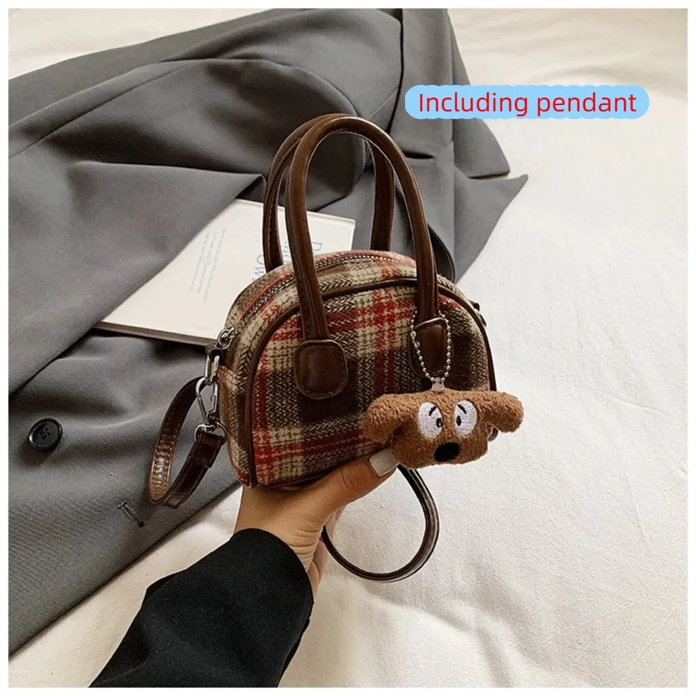 

Fashion French Style Woolen Plaid Bowling Bag Elegant Cloth Boston Shoulder Bag PU Leather Large Capacity Women Handbags Work