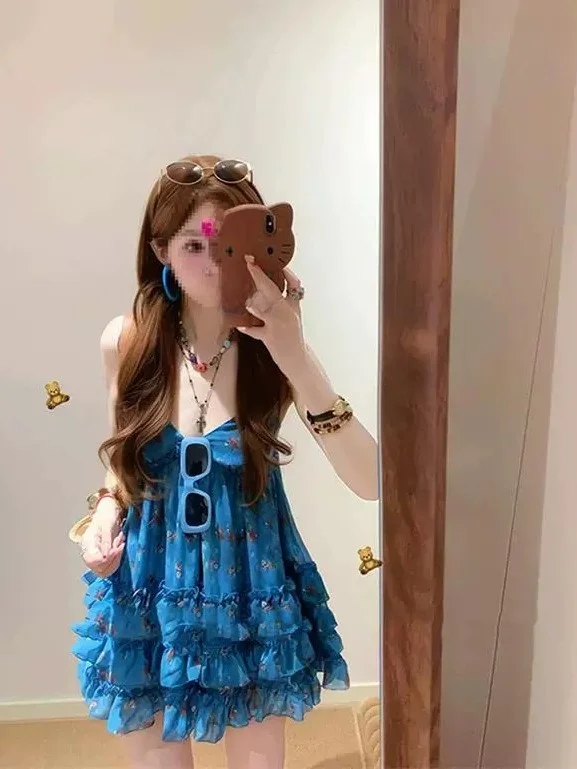 

Stylish Summer Blue Floral V-Neck Dress Women's Beautiful Dopaamine Layers Cake Top Korean Style Straight Cut Silk Blouse