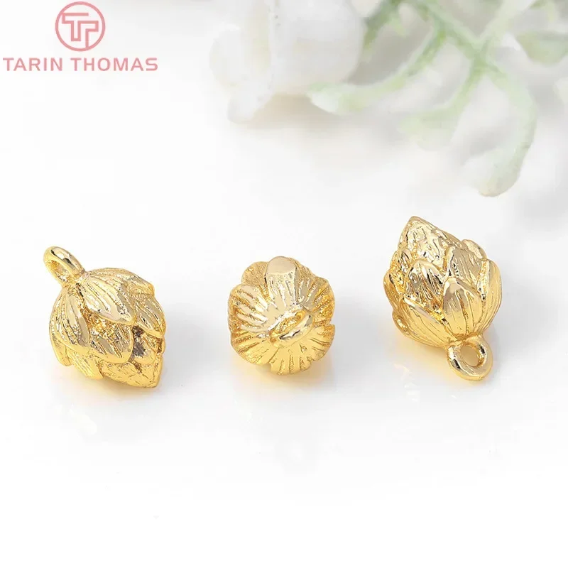 (997)6PCS 7x11MM Hole 1MM 24K Gold Color Plated Brass Lotus Bud Charms High Quality Diy Jewelry Accessories