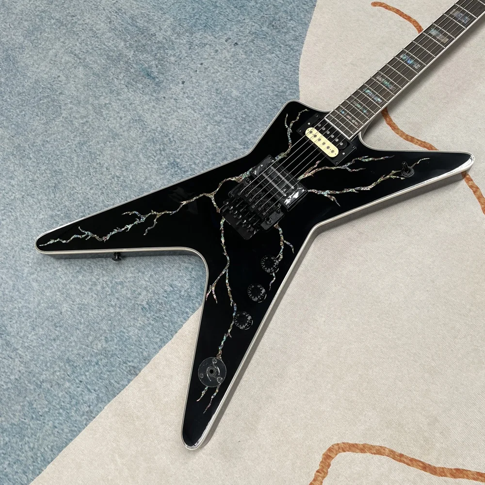 

Black 6-string electric guitar, double vibrato joystick, guitar solo playing guitar, colorful lightning pattern panel