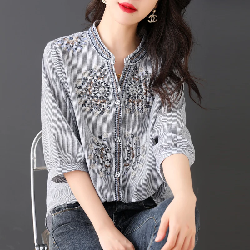 Vintage Women\'s Shirts Summer 2023 New Embroidery Chinese Style Blouses Loose Short Sleeve Cotton Linen Top Clothing