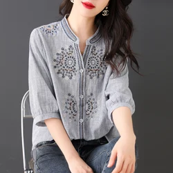 Vintage Women's Shirts Summer 2023 New Embroidery Chinese Style Blouses Loose Short Sleeve Cotton Linen Top Clothing