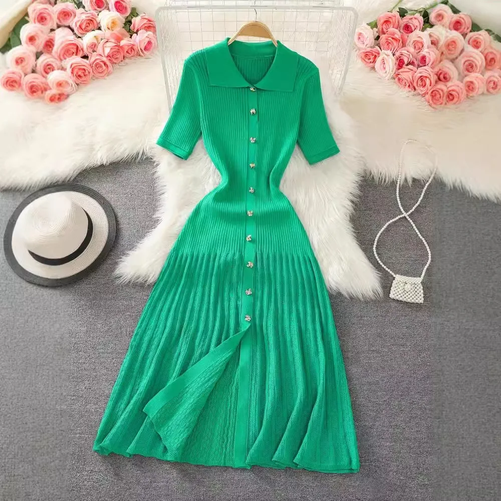

2025 Summer Doll Collar Solid Color Knitted Dress