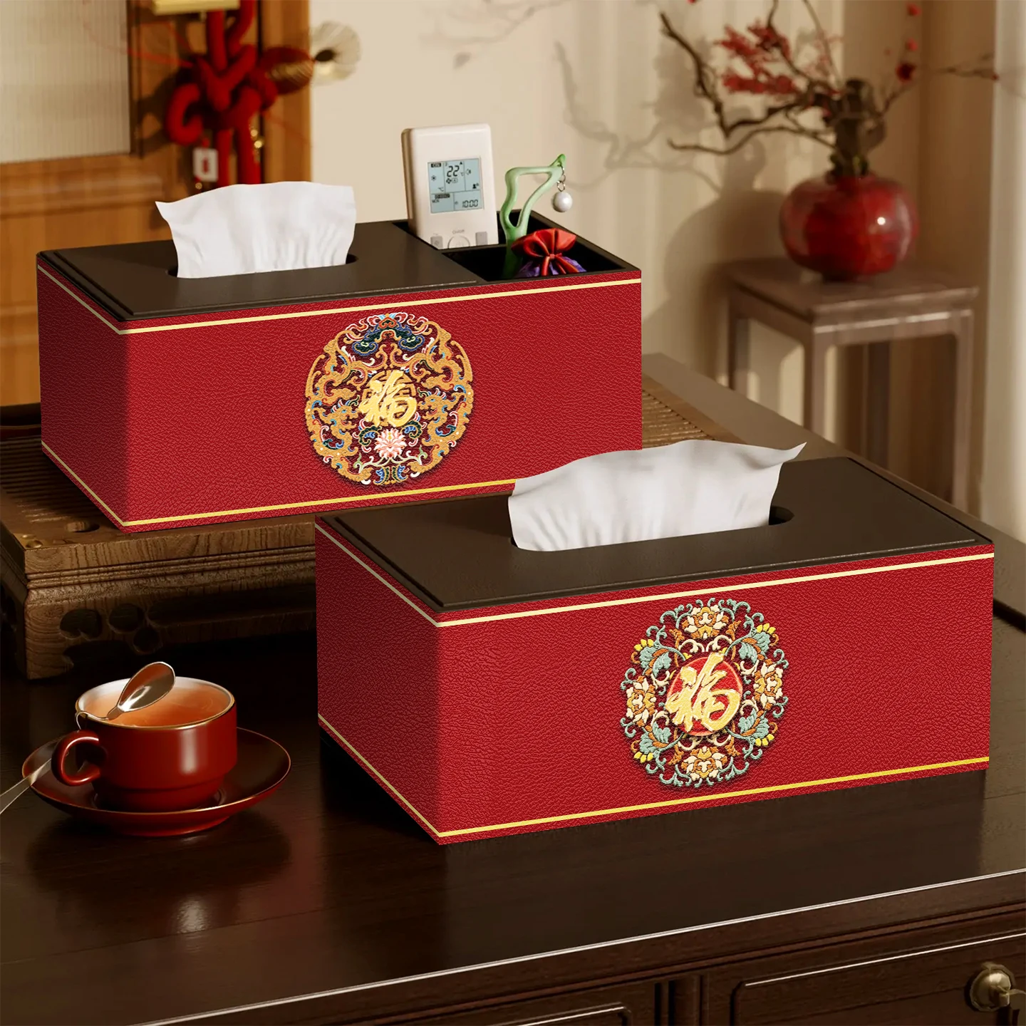

New Chinese Sle Red Festive Desktop Remote Controller Storage Box High Aesthetic Value 2026 New Model Bedroom Nightstand Ti...