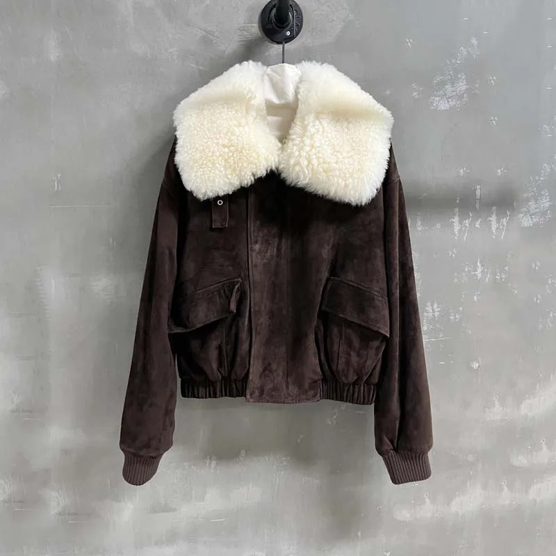 Short down jacket Suede leather women coat winter thick warm big real sheep wool collar clothes high quality