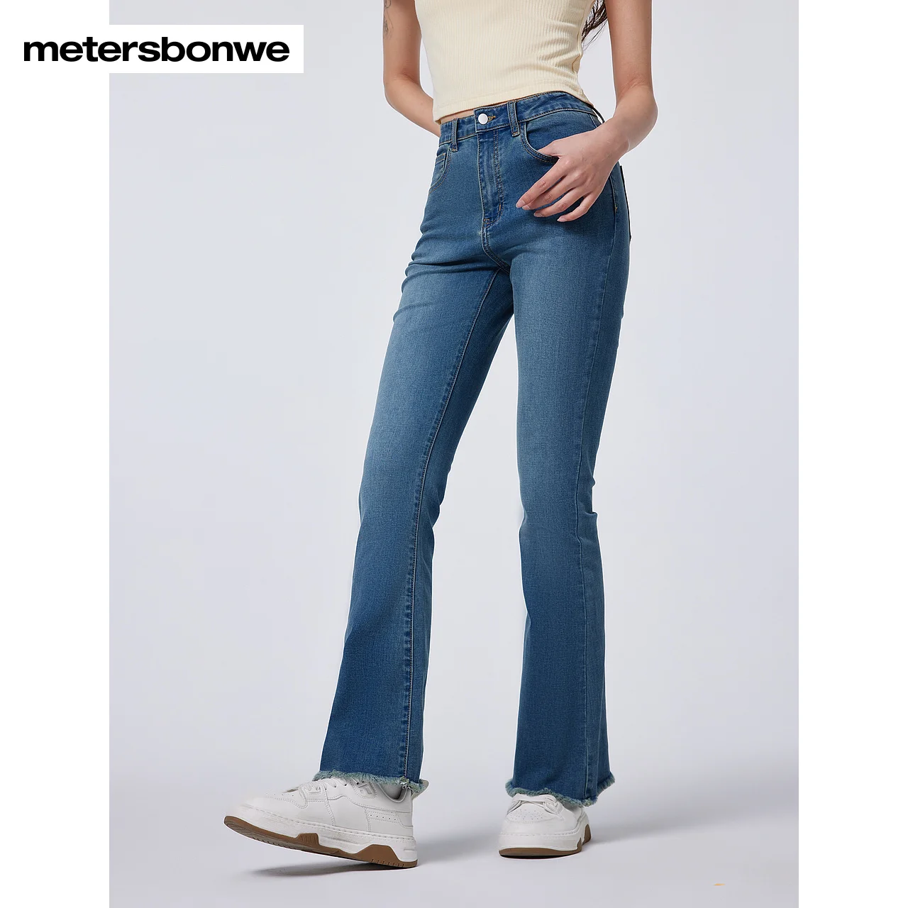 Metersbonwe-Women's Comfortable High Elastic Slim Flared Jeans High Waist Foot Edge Grinding Design Denim Trousers  Perennial