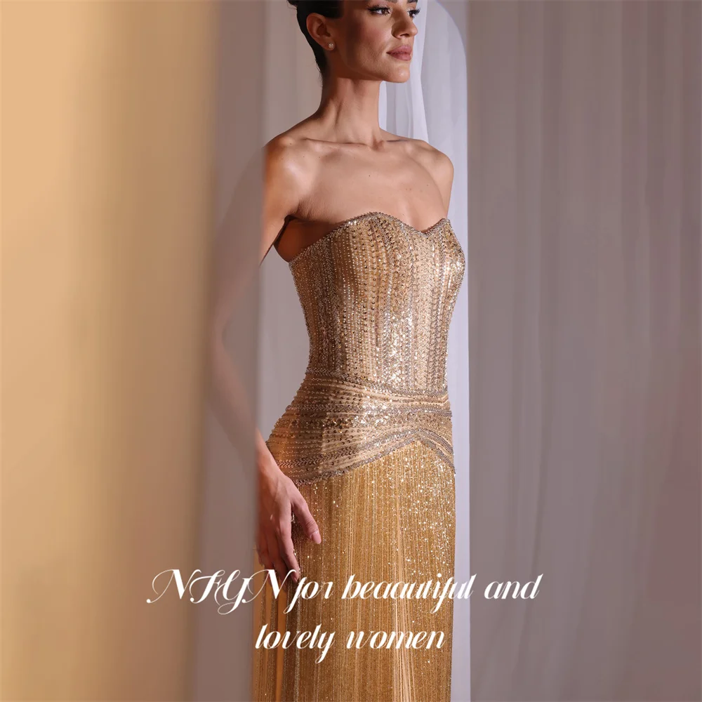 NFYN Golden Prom Dresses Strapless Sleeveless Evening Dresses Glitter Sequin Party Dress Straight Robe De Soirée Customized