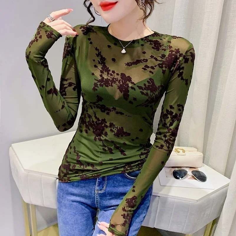 

#7932 Khaki Green Skinny Perspective Mesh T Shirt Women Sexy Perspective T-shirt Femme Thin Long Sleeve Woman T Shirt O-neck